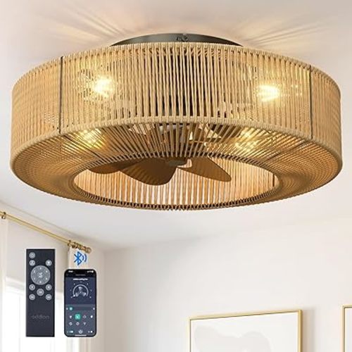 addlon 20" Boho Ceiling Fan with Light and Remote, Woven Caged Low Profile Bladeless Ceiling Fans, Flush Mount Bohemian Fandelier Ceiling Fan, 6 Speed, Reversible for Bedroom, Living Room, Kitchen