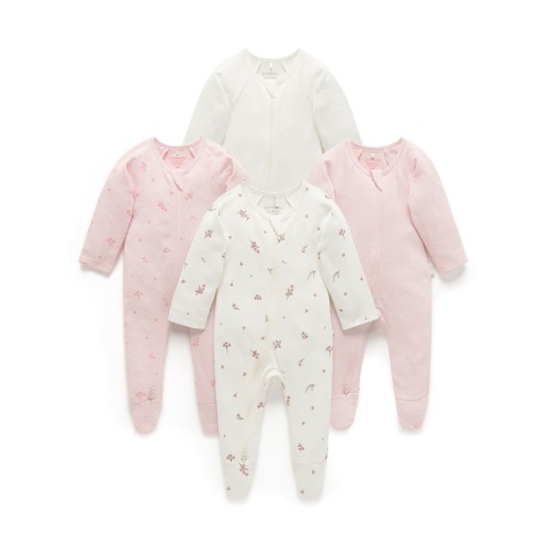 Pink Blossom 4 Pack Zip Growsuit - Baby Growsuits - Purebaby - Purebaby