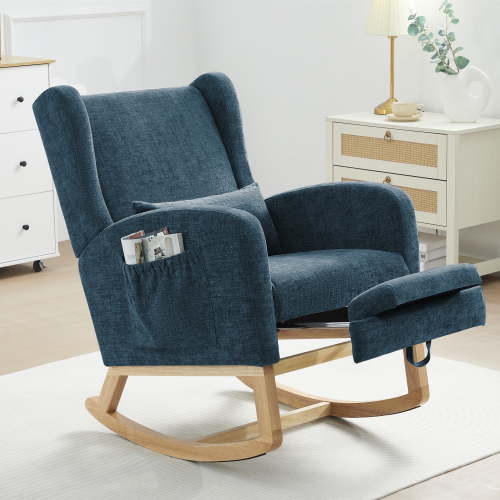 JUSTLET Rocking Chair with Footrest Nursery, Modern Chenille Rocker Armchair with High Backrest and Pillow for Bedroom Baby Room, BLue
