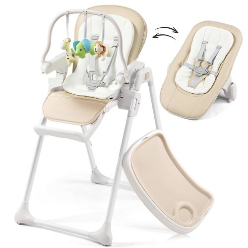 3-in-1 Convertible Baby High Chair, 6 Height & 3 Recline Adjustable High Chairs for Babies and Toddlers, Foldable High Chair with 3 Detachable Toys, Built-in Rear Wheels, Removable Seat & Tray, Taupe