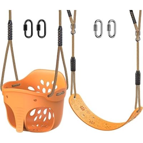 SELEWARE Toddler Swing Set Accessories, High Back Full Bucket Swing Seats with Adjustable Rope and 4 Locking Carabiners, Cute Elephant Shape Design 600LB Capacity (2 Pack)