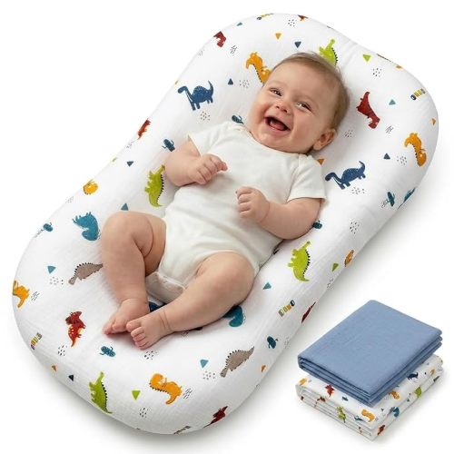 Infant Support Mat, Muslin Cotton Cover, Supportive Tummy Time Mat for Supervised Awake Use, Lightweight Portable Baby Activity Mat (0-24 Months), Blue-Gray