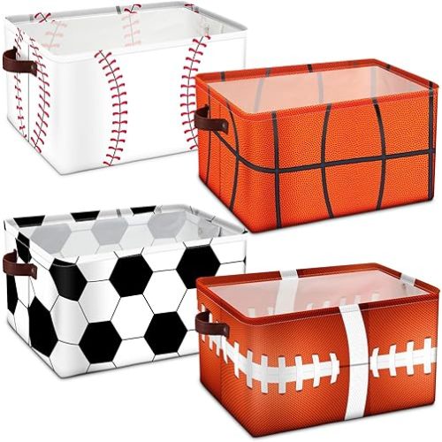 Bokon 4 Pcs Sports Ball Storage Basket Bin Fabric Toys Storage Cube with Handles Collapsible Closet Shelf Cloth Organizer Basket for Nursery Kids Boys Bedroom (Baseball, Basketball, Soccer, Football)