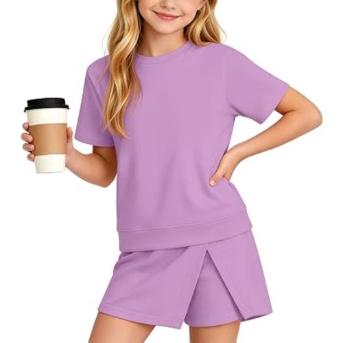 Girl's 2 Piece Summer Outfits Kids Athletic Short Sleeve Top and Side Slit Skirt Set for Teen Girls Ages 5-14
