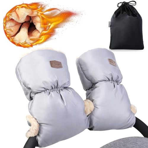 Orzbow Faux Sheepskin Stroller Gloves, Universal Winter Anti-Freeze Mittens for Stroller Handlebars, Waterproof Warm Extra Thick HandMuff for Cold Weather, Winter Stroller Accessories, Light Grey