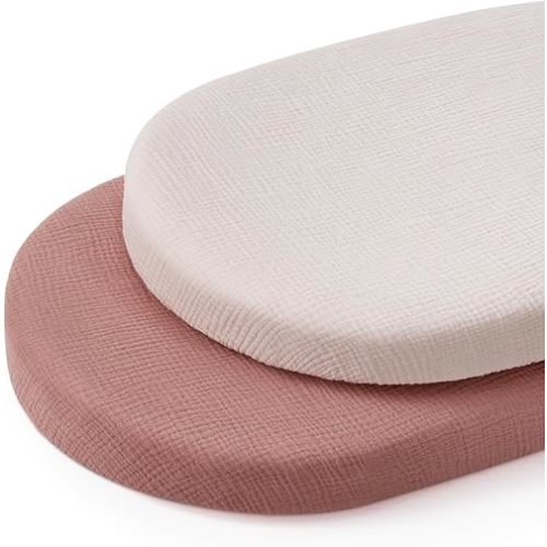 Blissful Diary Muslin Bassinet Sheets for Baby Girls Boys, Boho Soft Cotton Fitted for Oval Hourglass Rectangle Mattress, 2 Pack(Dusty Pink&Cream)