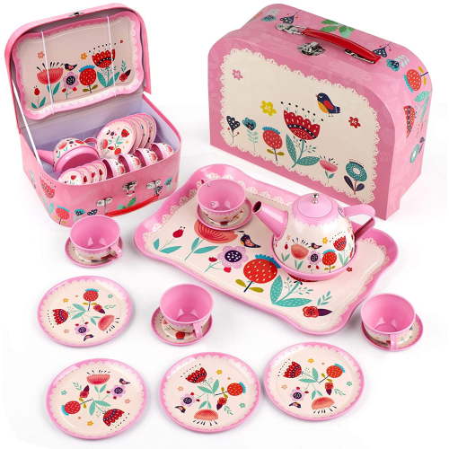 D-FantiX Kids Tea Set for Little Girls, 15Pcs Pink Tin Tea Party Set for Toddlers, Afternoon Tea Time Pretend Playset with Metal Teapots Tea Cups Play Dishes Princess Toys Gifts with Storage Case