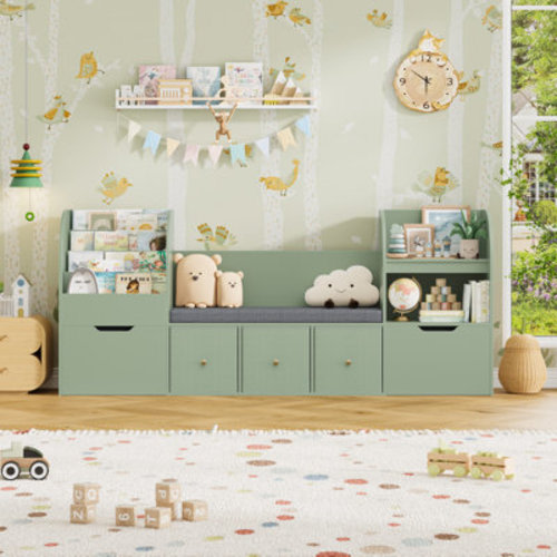 Latitude Run® 71.1"W Wood Kids Bookcase With 5 Drawers, Seat Cushion, Reading Nook & Toy Organizers | Wayfair