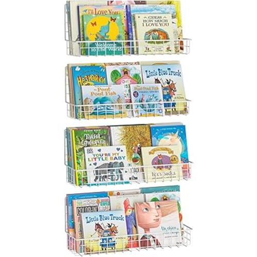X-cosrack Wall Mounted Metal Kids Bookshelf, Floating Book Shelves for Kids Nursery Toddler Bedroom Classroom, Hanging Book Shelf Storage Organizer for Room Decor, White, Set of 4