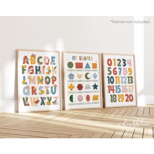 Set of 3 Educational Nursery Prints in Rainbow Colours: 11x14 in size