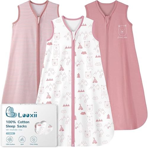 Looxii Baby Sleep Sack 0.5 TOG, 100% Cotton 3 Pack Wearable Blanket Baby Sleep Bag for Newborn Infant, 2-Way Zipper Lightweight Toddler Sleeping Sack 0-6 Months