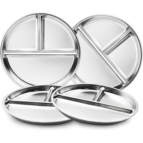 Stainless Steel Kids Plates Set of 4, 9" Portion Control Plates Divided Plates for Adults Toddlers Balance Lunch, Bariatric & Diabetic Diet, Non Toxic Camping Metal Snack Plates for Eating