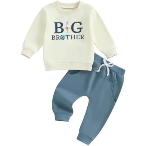 Pudcoco Toddler Boys Big Brother Outfit Announcement Space Rocket Sweatshirt and Jogger Pants Fall Winter Clothes Set