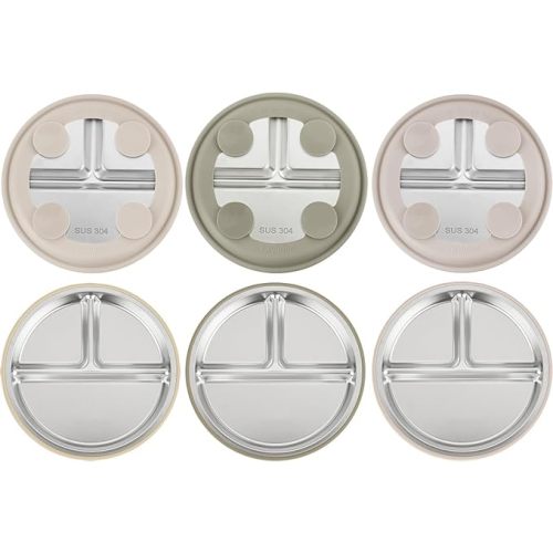 PandaEar 3 Pack Stainless Steel Baby Suction Plates, Divided Toddler Plate for Baby Led Weaning Supplies, Non-Slip Toddler Baby Feeding Set Dishwasher Safe (Linen Brown Tan)