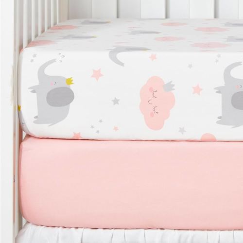 TILLYOU 2 Pack Fitted Crib Sheet Set - 100% Natural Cotton Toddler Bed Mattress Sheets,Standard 28”x 52”, Elephants Clouds&Pink