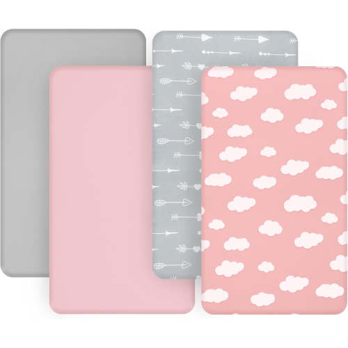 GDDPOD-4-Pack Fitted Pack and Play Sheets for Boys and Girls - Breathable, Soft Microfiber Baby Sheets in Grey and Pink