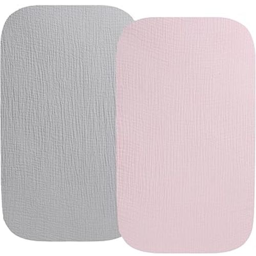 Muslin Bassinet Sheet Compatible with Baby Delight Beside Me Dreamer Bassinet, 2 Pack Cotton Stylish Boho Fitted Bassinet Sheets Super Soft for Baby Grey & Pink