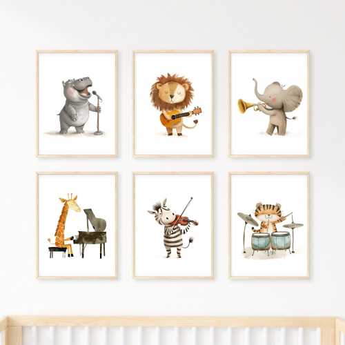 Safari Animals Music Theme Wall Decor - Kids Music Wall Art - Musical Posters - Fun Nursery Art - Violin, Piano, Drums, Guitar and Trumpet