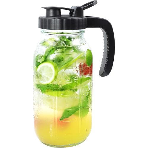 Glass Mason Jars Pitcher With Spout Lids 2 Quart Airtight Breastmilk Pitcher For Fridge Half Gallon Wide Mouth Water Jugs 64 Oz With Top Flip Cap for Cold Coffee, Ice Sun Tea,Lemonade Leakproof