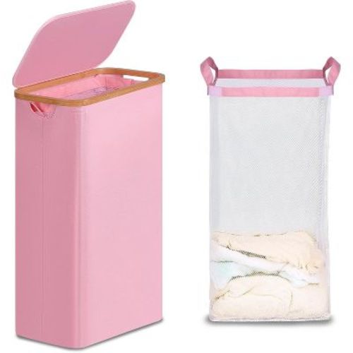 Laundry Basket with Lid, Narrow Laundry Hamper with Removable Bag, Skinny Dirty Clothes Basket with Bamboo Handles