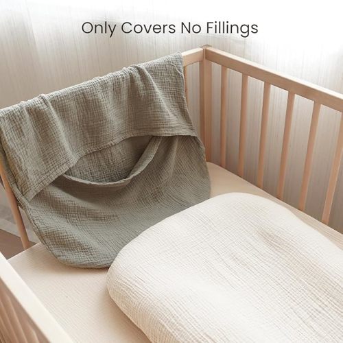 Konssy Muslin Baby Lounger Cover 2 Pack, 100% Cotton Newborn Lounger Cover, Soft and Breathable Lounger Cover for Boys Girls, Covers Only (Fog Green,Cream)
