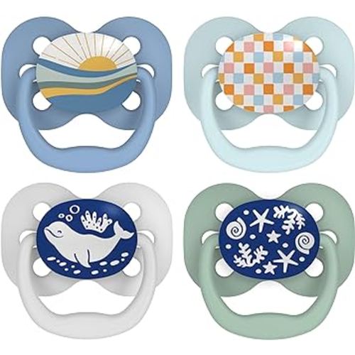 Dr. Brown's Advantage Glow-in-the-Dark Baby Pacifier, Fully Symmetrical Soother with Soft Silicone Bulb, Blue Sunrise-Blue Ocean, 0-6m, BPA Free, 4 Pack