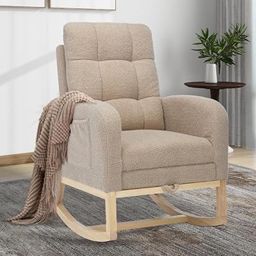 Mecedora moderna para guardería, mecedora tapizada de peluche con reposapiés, cómoda silla mecedora con bolsillo lateral, silla mecedora para sala de estar, dormitorio, sala de