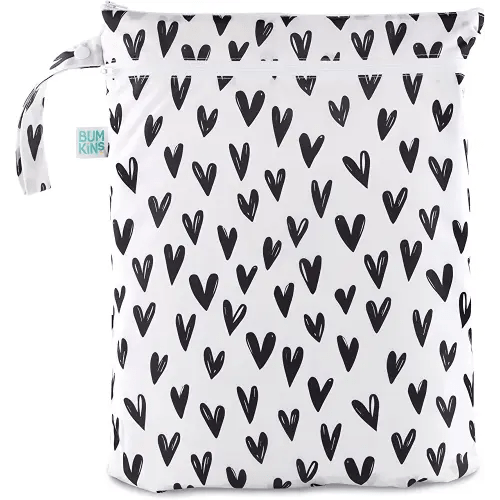 Bumkins Waterproof Wet Dry Bag for Baby, Travel, Swim Suit, Cloth Diapers, Pump Parts, Pool, Gym Clothes, Toiletry, Strap to Stroller, Daycare, Zip Reusable Bag, Wetdry Packing Pouch, Black Hearts