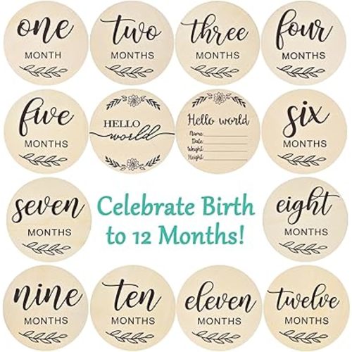 Baby Monthly Milestone Cards, 𝟭𝟰 𝗣𝗮𝗰𝗸 Baby Announcement Sign, The Perfect Newborn Photography Props to Document Your Baby´S Growth, Wooden Hello World Baby Sign, Light Wood