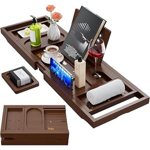 Yirilan Luxury Bathtub Tray Caddy, Expandable Bath Tray, Unique House Warming Gifts, New Home, Anniversary and Wedding Gifts for Couple, Bridal Shower Gift for Women