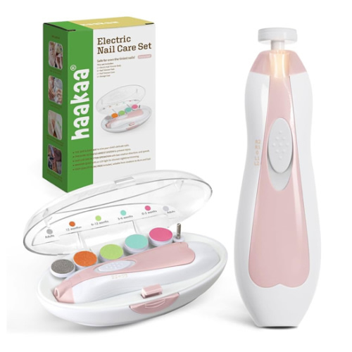 haakaa Baby Nail Trimmer Electric Safe Baby Nail Clippers Baby Nail File Kit Manicure Set, Trim Polish Grooming kit for Newborn Toddler or Adults Toes Fingernails, 6 Grinding Heads and LED Light