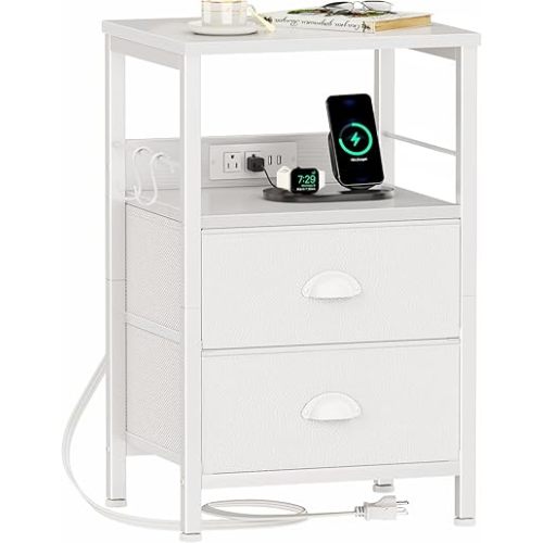 Furologee End Table with Charging Station, Nightstand with Fabric Drawers, Side Tables with USB Ports & Outlets, Night Stand with Storage Shelf & Hooks, for Living Room/Bedroom, White
