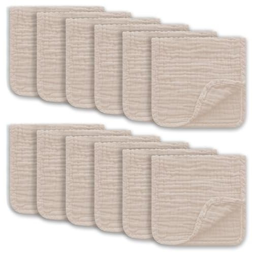 Ease Cubs Muslin Burp Cloths Large 100% Cotton Hand Washcloths for Boys & Girls, Baby Essentials Extra Absorbent and Soft Burping Rags for Newborn Registry (Brown, 12-Pack, 20" X10")