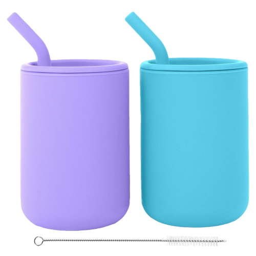WeeSprout Silicone Baby Cups With Straws and Lids, 8 oz, Set of 2