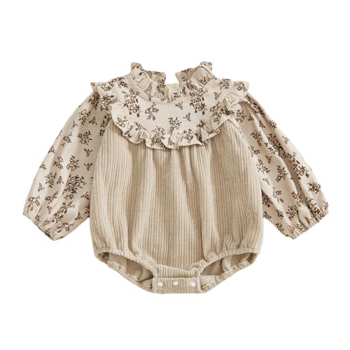Baby Girl Bubble Romper Flower Print Long Sleeve Corduroy Bodysuit Smocked Jumpsuit Infant One Piece Fall Outfit