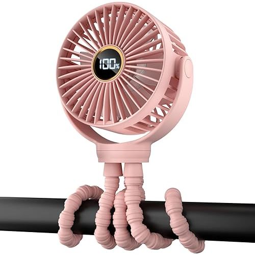 Portable Stroller Mini Fan, Small Battery Powered Cooler w/ 360° Rotation, 3-Speed, Display, Rechargeable Personal Stroller Accessories, Baby Essentials for Car Seat, Crib, Bike, Treadmill, Pink