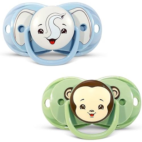 RaZbaby Keep-it-kleen Baby Pacifier (2PK) | 0-36m | Closes When Dropped, Nipple Stays Clean | Silicone Orthodontic Nipple (Monkey/Elephant)
