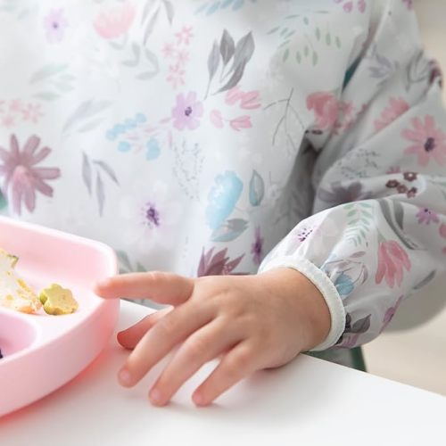 Bumkins Sleeved Bib for Girl or Boy, Baby and Toddler for 6-24 Mos, Essential Must Have for Eating, Feeding, Baby Led Weaning Supplies, Long Sleeve Mess Saving Food Catcher, 2-pk Floral and Lace