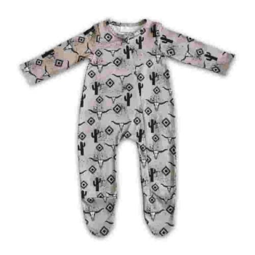 Infant Long Sleeve Baby Onesies Bodysuits Boutique Baby Boy Girl's Romper Zipper Western Cow Brown Toddler With Socks Sleep Wear Newborn