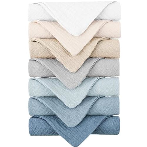 Konssy Baby Muslin Washcloths 7 Pack -100% Cotton Baby Bath Towels, Soft Baby Wash Cloths and Absorbent Burp Cloths for Newborn Kids Girls and Boys, 12x12 inches - Blue