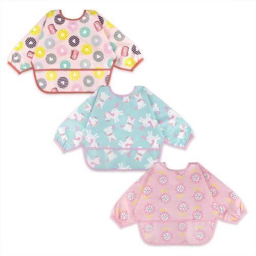 Baby Noah 3 Pack Long Sleeve Bib, Toddler Mess Free & Waterproof Shirt Bibs, Reusable Bib with Pocket, Adjustable Fits Ages 6-24 Months