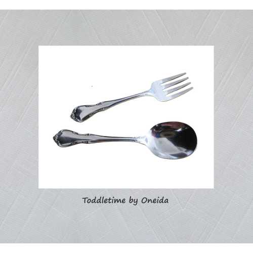 2-Pc Baby Fork and Spoon Set in Toddletime by Oneida • Vintage 1997 Children's Stainless Steel Flatware with Flower Pattern • Discontinued
