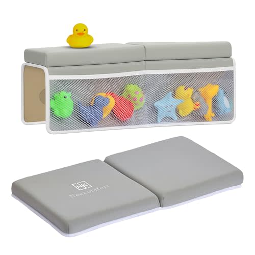 Neekomfort Bath Kneeler and Elbow Rest Pad Set – 1.5” Extra Thick Cushioned Kneeling Pad, Durable, Non-Slip Elbow Rest with Storage Pockets & 5 Bath Toys, Baby Bath Accessories Organizer