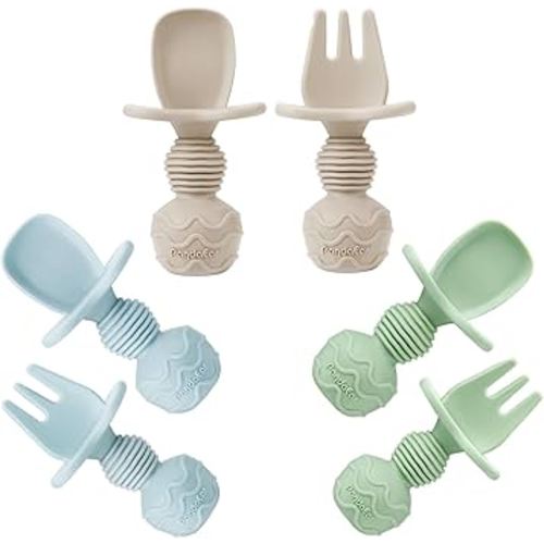 PandaEar 6 Pack Silicone Baby Spoons and Fork Feeding Set- Anti-Choke First Self Feeding Utensils for Baby Led Weaning Ages 3 Months (Blue, Green&Tan)