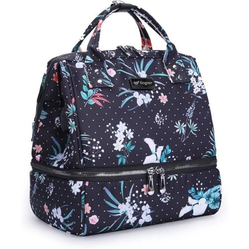 GOGOSO Breast Pump Bag with Cooler Pocket, Mini Pumping Bags for Working Mom Cooler Tote Bag Built-in USB Charging Pot for Phone Mother Diaper Bags -No Include ice Pack,Black Flower