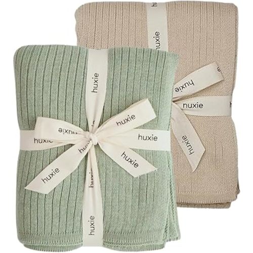 Knitted Organic Cotton Baby Blanket- Swaddle Blanket, 30" x 40" Soft Receiving Blanket for Newborn (Fog/Roman Green)