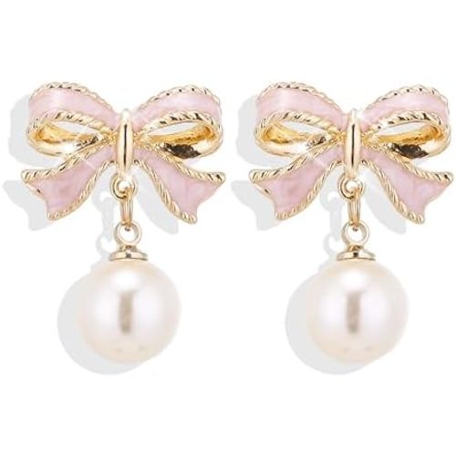 Bow Earrings for Women - Trendy Pearl Drop Dangle Earrings, Bowknot Stud for Wedding Party Daily Jewelry - Cute Accessory Gifts, Stocking Stuffers