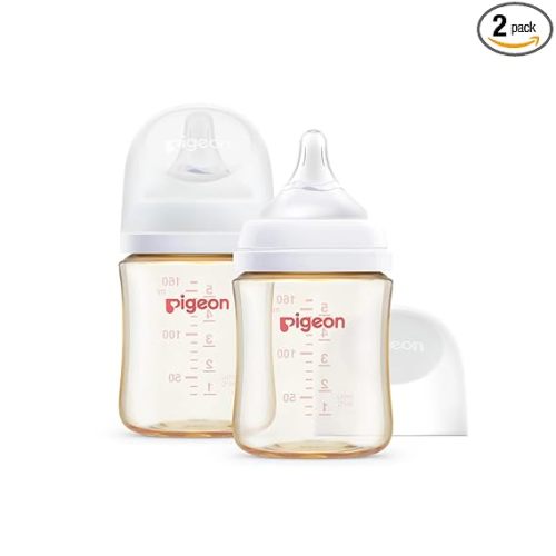 Pigeon PPSU Nursing Baby Bottle Wide Neck, Anti-Colic, Streamlined Body, Natural Feel, Easy to Clean, 5.4 Oz(Pack of 2), Includes 2pcs SS Nipples (0m+)