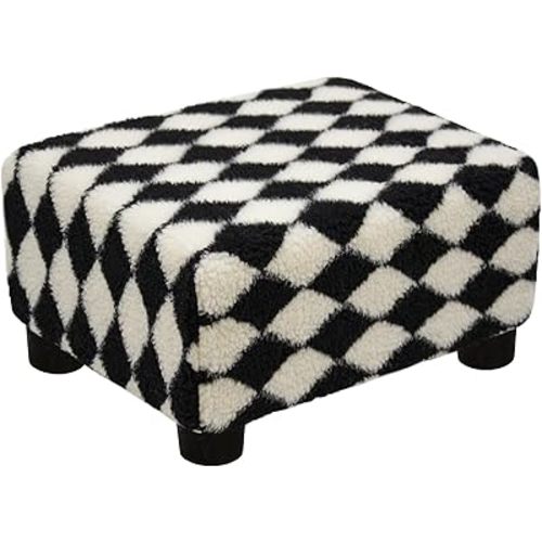 CAROLMADE Small Foot Stool Ottoman Sherpa Footstool with Legs Under Desk Footrest for Living Room Bedroom and Office, Soft Black+White