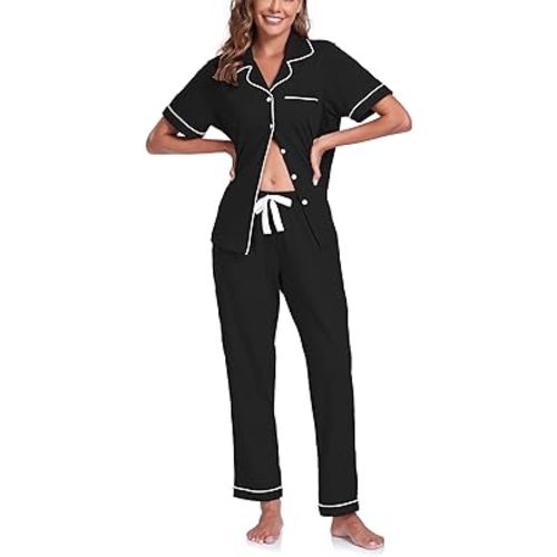 COLORFULLEAF Women's 100% Cotton Pajama Set Button Down Sleepwear Short Sleeve Shirt and Long Pants Soft ladies Lounge Sets